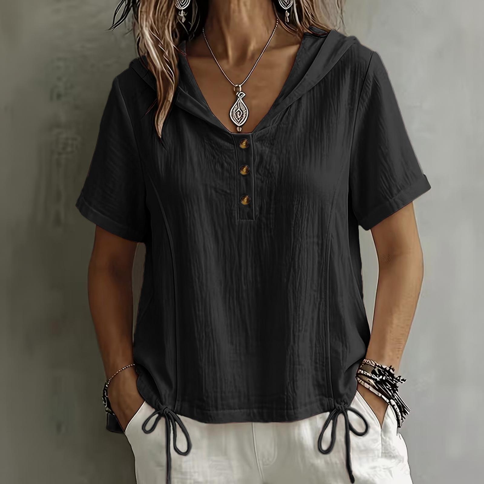 Women s Plus Size Button Down Hooded Short Sleeve Blouse Top Casual XXXXXL