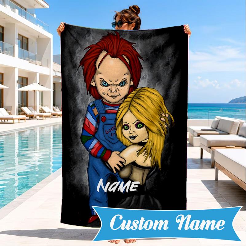 Custom Name Chucky and Tiffany Beach Towel Microfiber Beach Towel, Lightweight and Quick-Dry, for Summer Travel, Swimming Pool Gift
