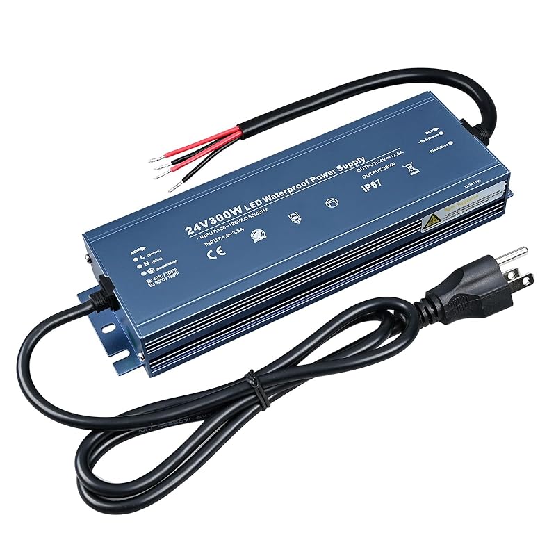 LED Driver 12V 300W Outdoor IP67 Waterproof Power Supply, Transformer Adapter AC100V-130V to DC12V 25A Output, with 3 Prong Plug for Indoor Outdoor