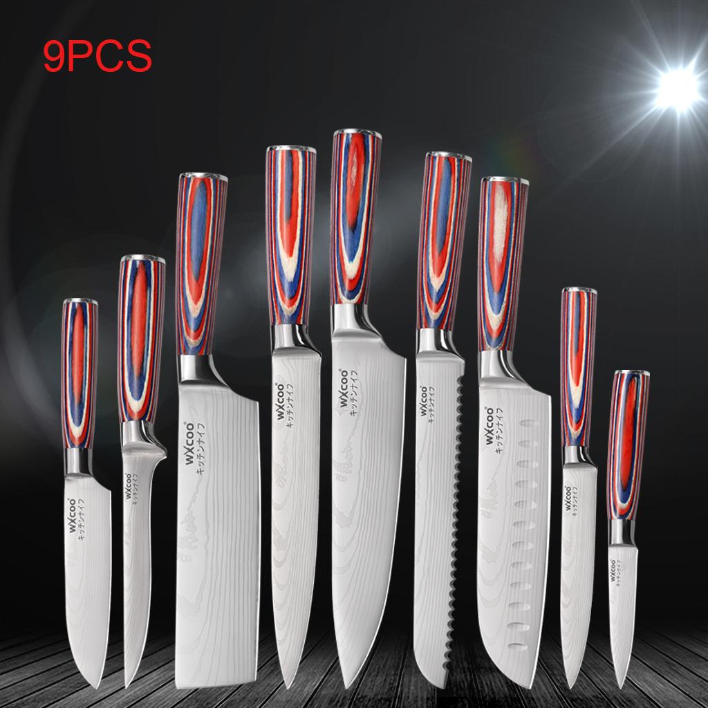 WXCOO Kitchen Universal Knife Holder Acacia Wood Kitchen Holder Stand Stainless Steel Kitchen Knife Set Meat Cleaver Cooking