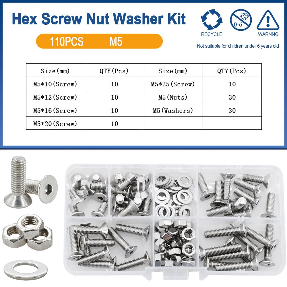 Hexagonal Countersunk Screw Nut Washer Set Metric Threaded Hex Bolt Nuts Spacer Kit Machine Screws Gasket Stainless Steel M2-M6