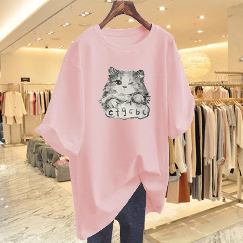 Women's Summer Loose Cartoon Cat Print Cotton T-Shirt