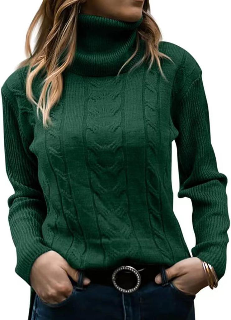 Retro Women's Fall/Winter Solid Color Turtleneck Cable Knit Pullover Sweater Thick Warm Relaxed Slimming Long Sleeve Top