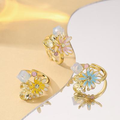 Stylish Sweet Small Fresh Enamel Oil Drip Diamond Small Daisy Adjustable Opening Ring Niche High-end Jewelry