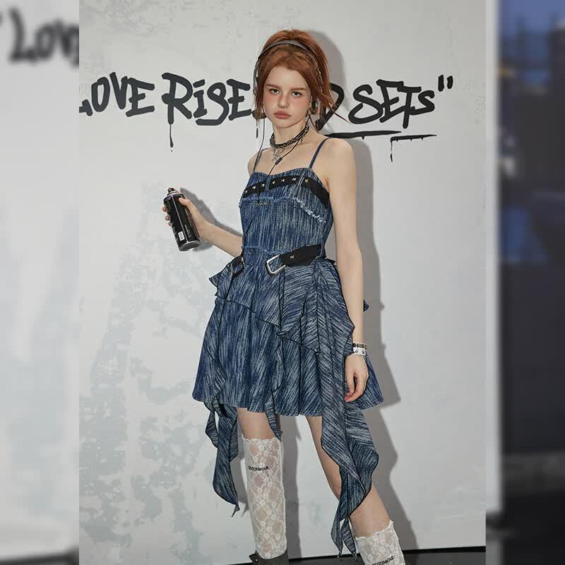 UNIFREE Celebrity Asymmetric Denim Cami Mini Dress