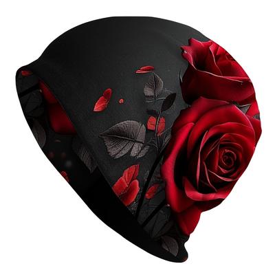 1pc Retro Knit Beanie Hat with Red Rose Pattern - Lightweight Stretchable Knit Suitable for Valentine' Day, Graduation, Ramadan - - Comfortable Outdoo