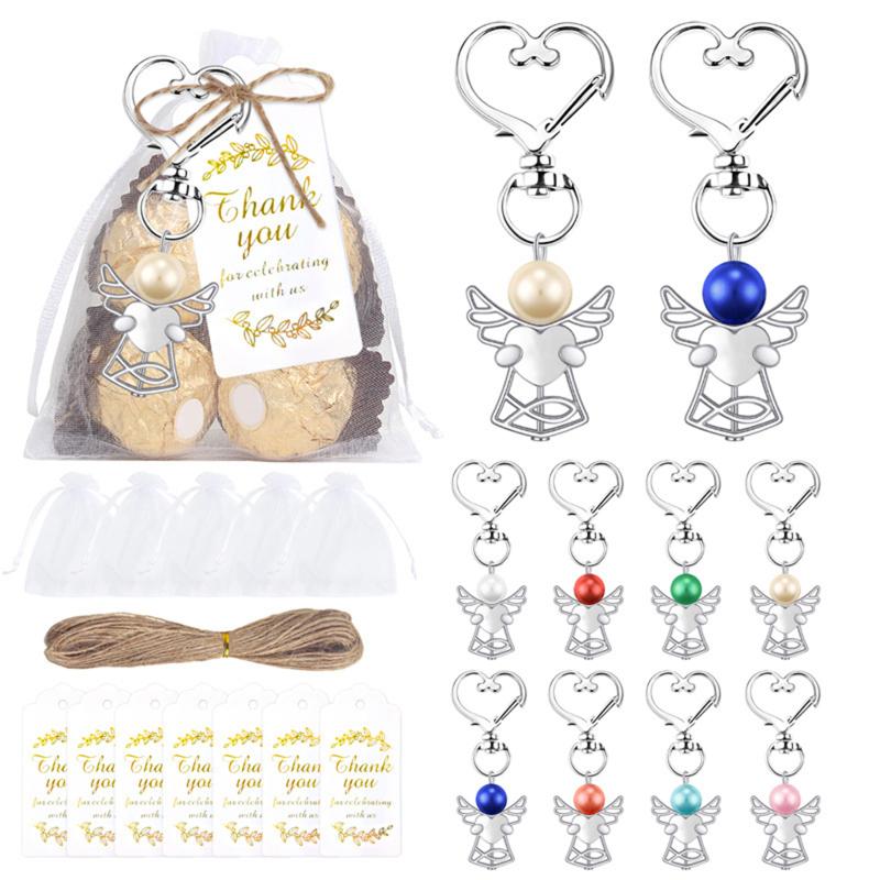 24 Sets Angel Keychains Favor Angel Charms Angel Wing Pendant With Thank You Tags Drawstring Organza Bag Guest Return Gifts