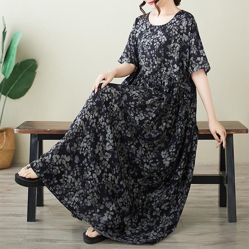 New Plus Size Printed Round Neck Short Sleeve Summer Dress Plus Size