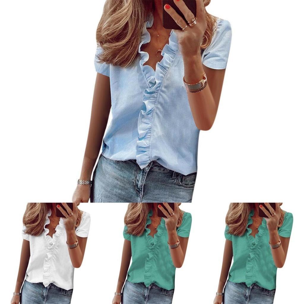 Stylish Women's V Neck Ruffle Short Sleeve T Shirt With Fashionable Daisy Print