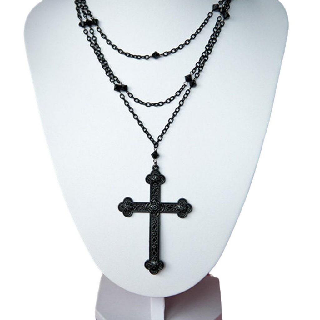 Gothic Black Cross Necklace For Men And Women With Alloy Pendant And Multilayer Design
