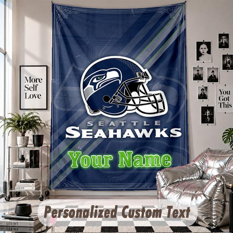 Wall Hanging Tapestry With Custom Name & Text, Seattle Seahawks Decorative Tapestry For Bedroom