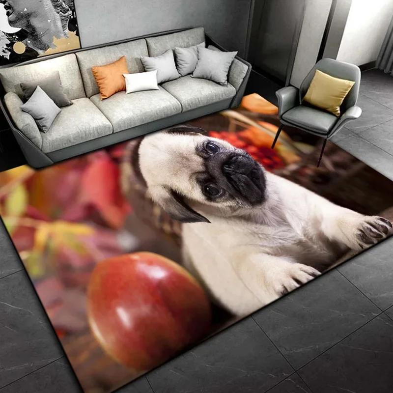 Lovely Pug Dog Cartoon Area Rug - Cute Animal Carpet for Kids Bedroom Playroom Non-Slip Kids-Friendly Floor Mat Home Decor Gift