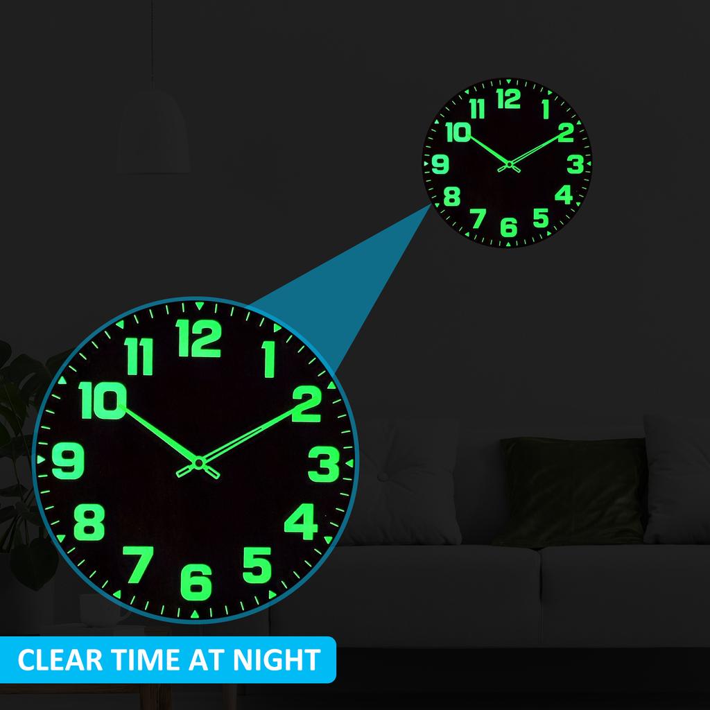 Luminous Wall Clocks Wooden Glow In The Dark Clock 12 In Silent Non-Ticking Lighted Wall Clock for Office Living Room Home Decor