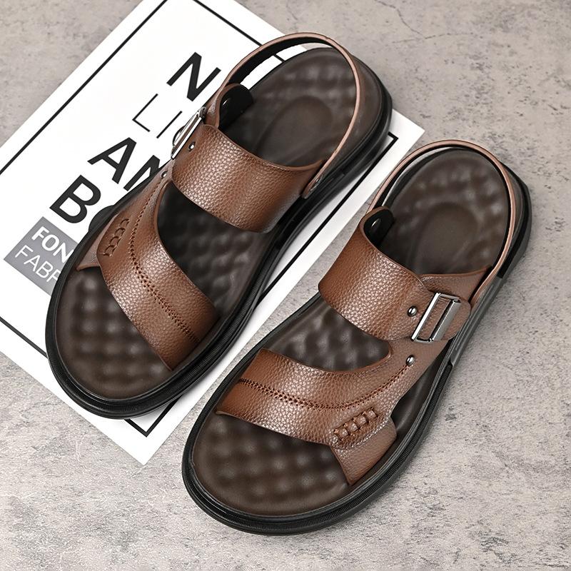 Straight shoes sandals men's soft leather men's leather sandals wearing middle-aged shoes beach shoes men's sandals