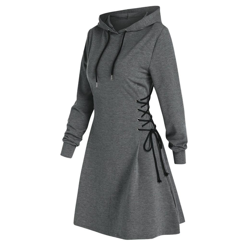 Women Autumn Sweatshirt Dresses Side Lace-Up Waist in Long Sleeve Solid Color Hooded Pullover Tops Casual Long Loose Hoodies