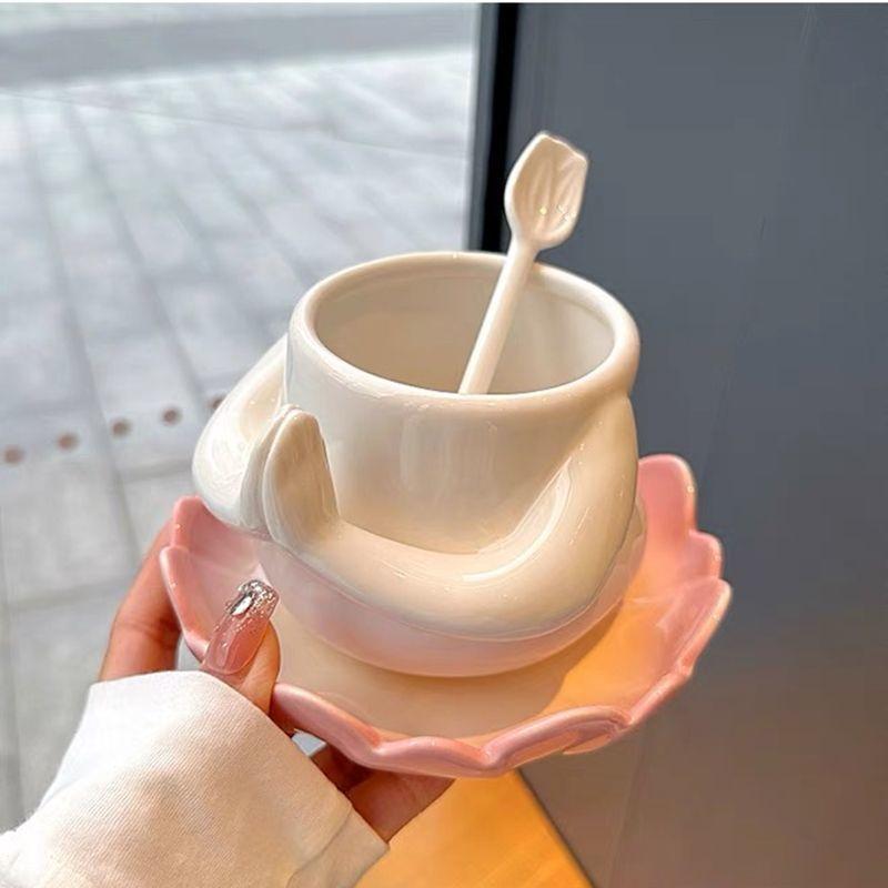 Creative Ceramic Coffee Cup Saucer Lotus Breakfast Plate White Ceramic Breakfast Milk Mug Exquisite Afternoon Tea Flower Cup New