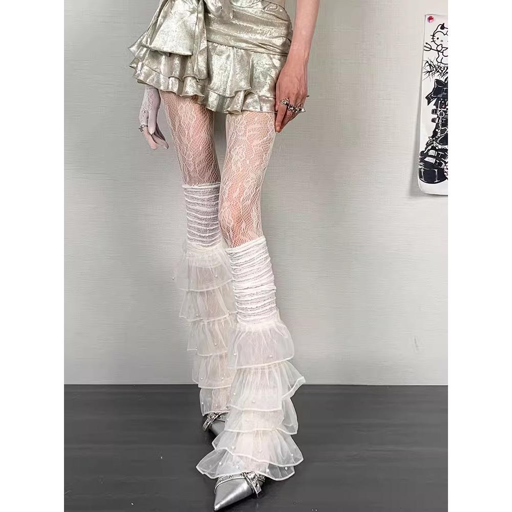 Sweet Cool White Lace Print Y2K Fishnet Socks Multi-layer Leg Cover Two-piece Set High Street Subculture Punk Style Sexy Socks