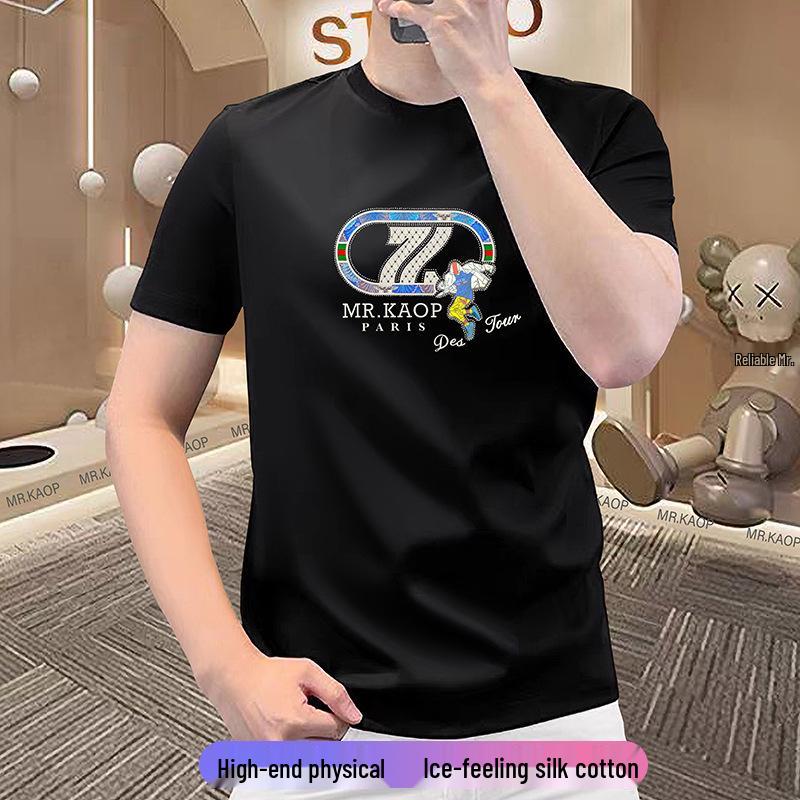 

Men s Premium Mercenized Cotton Round Neck T-shirt with Hot Drilling Design M (95-115 jin) чёрный