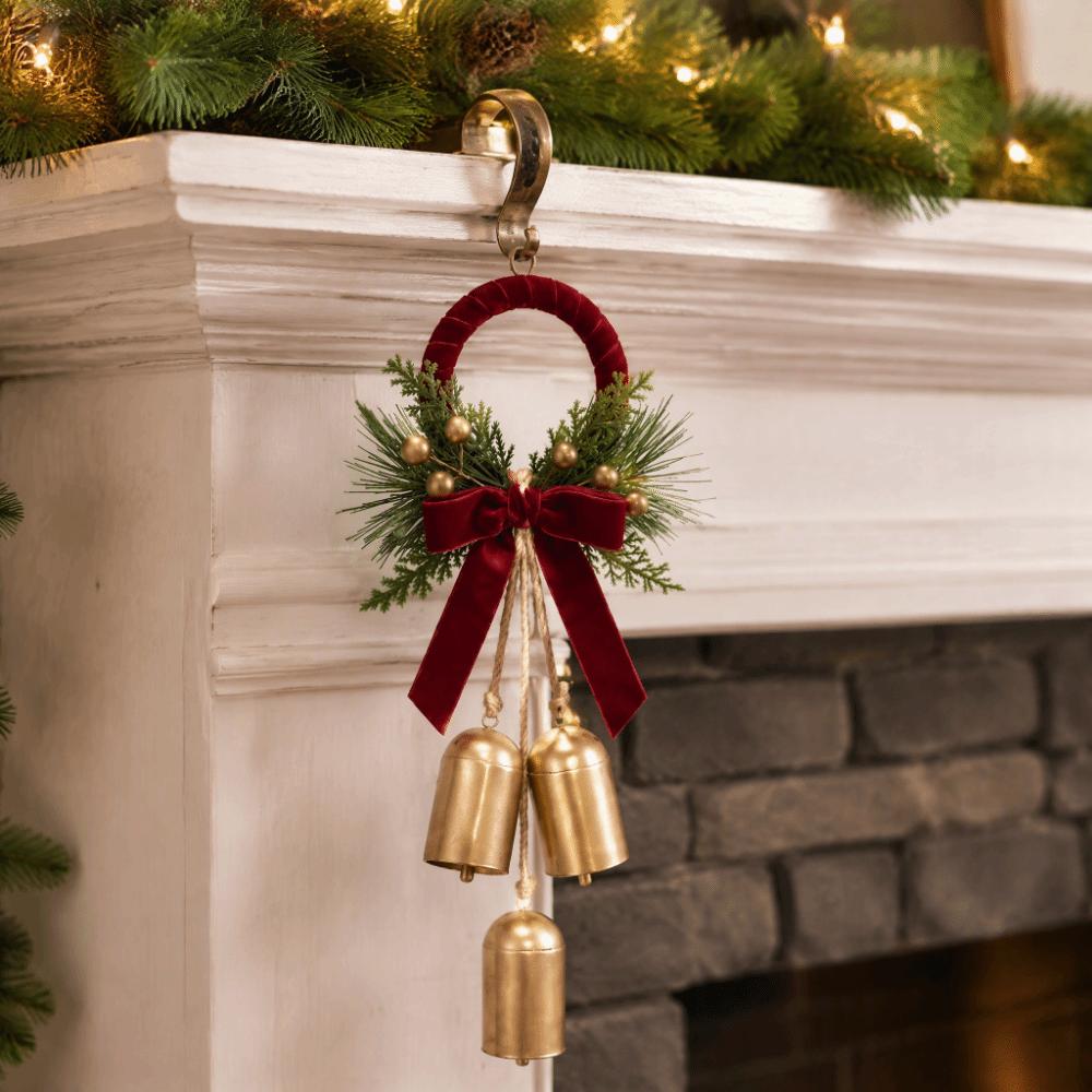 Pine Needles Christmas Bell Door Hanger with 3 Bells Velvet Bow Bell Ornament Foyer Decor