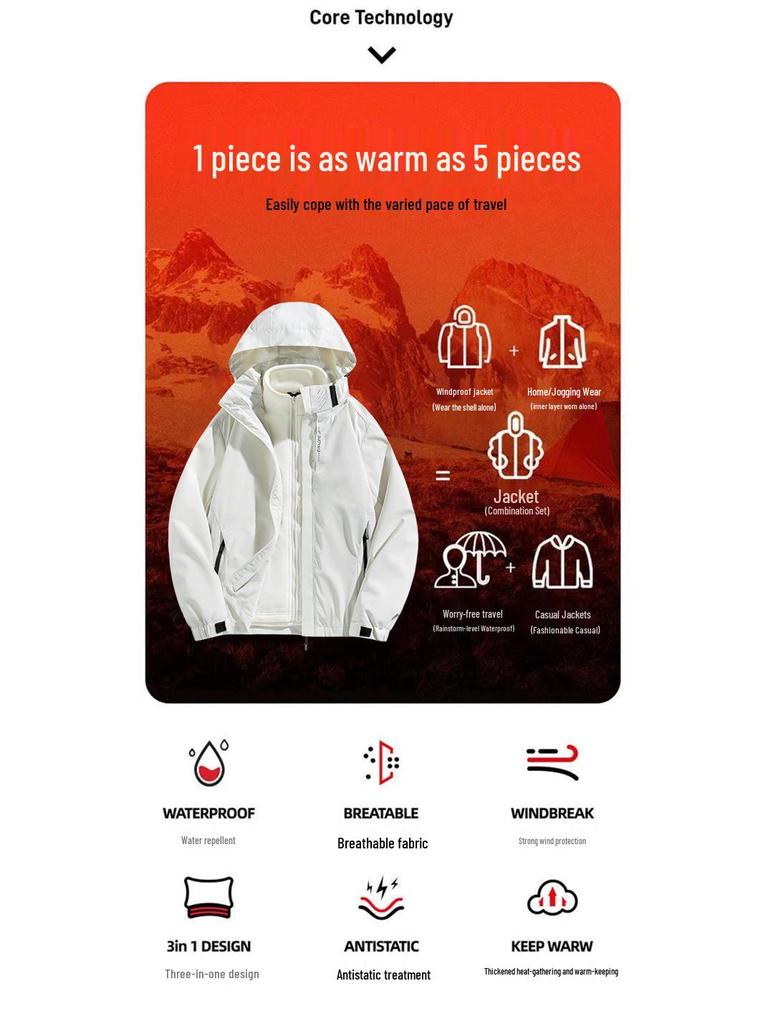 Unisex Silver Fox Fleece 3-in-1 Windbreaker, Detachable Two-Piece Velvet-Thickened Hiking Jacket for Couples