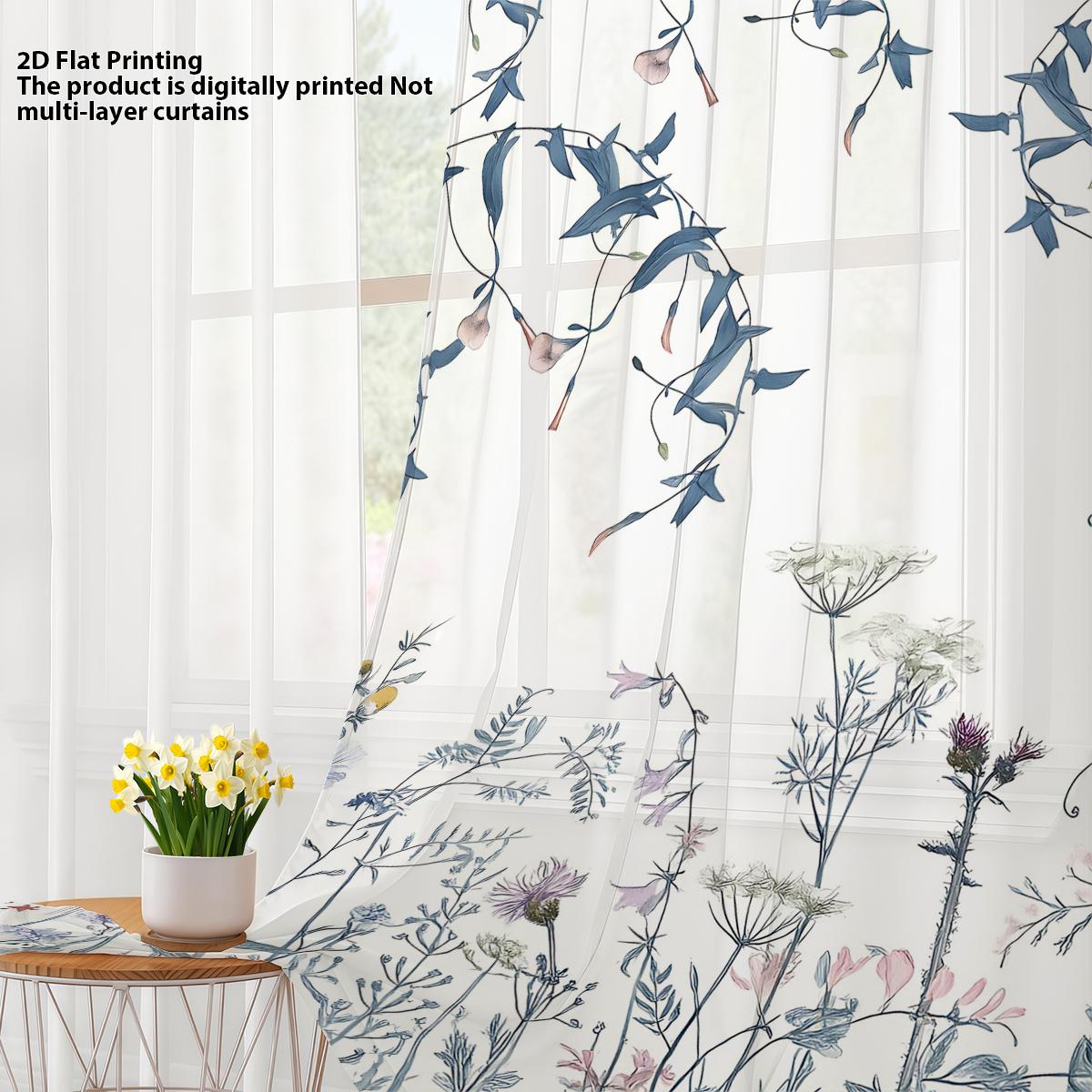 

Artistic Blues Wild Flowers Window Screen Simple Style Quiet Decorative Living Room Bedroom Curtain Polyester Ideal For Sitting W100*H70(CM)-Grommet top&2PCS