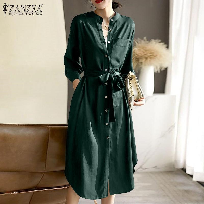 

ZANZEA Женщины O-образный вырезButton Up Повседневное лето Свободная длинная рубашка Платье