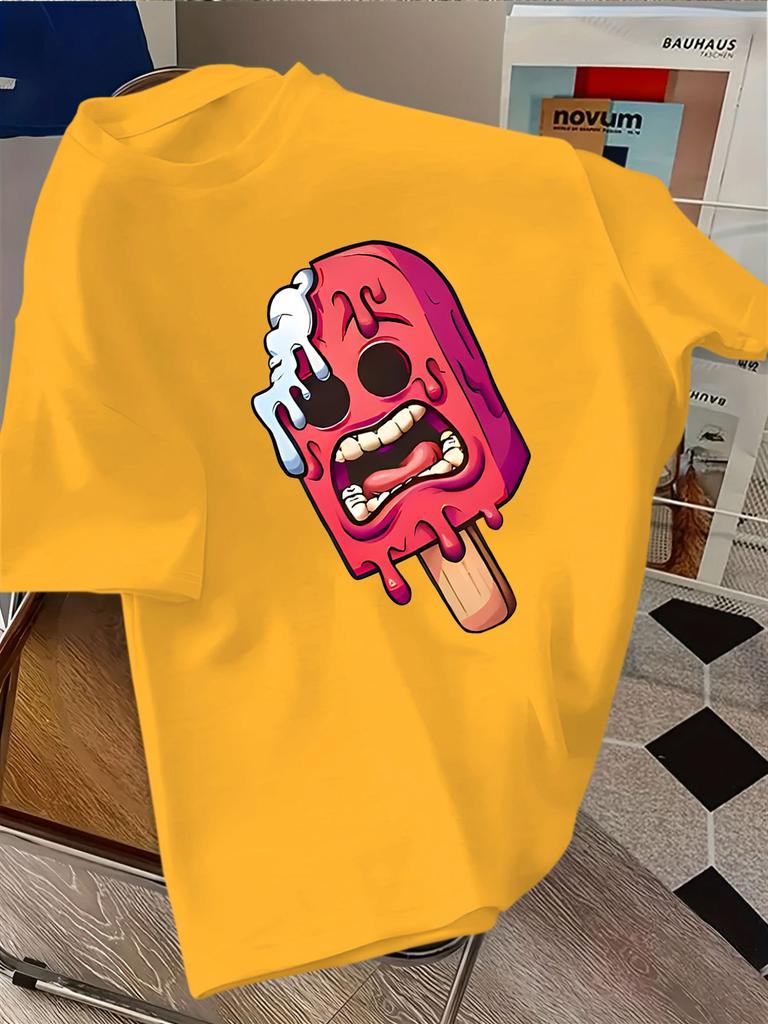 Streetwear Unisexs White Crew Neck T Shirt Creepy Melting Red Popsicle Cartoon Graphic Soft Cotton Short Sleeve Summer Daily Tops