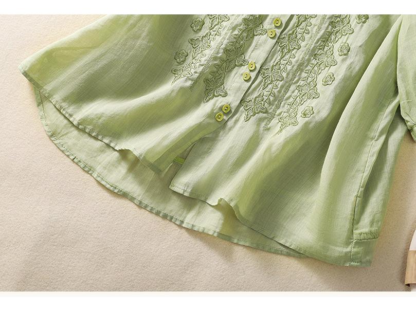 2025 Summer Women's Seven-Sleeve Cotton Linen Shirt with Floral Embroidery and Retro Turn-Down Collar