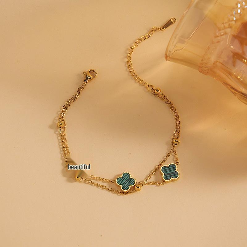 European & American Women's Four-Leaf Clover Gold Stainless Steel Double-Layer Beaded Bracelet