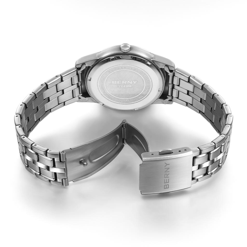 AUQ1 BERNY Watches for Men Calendar Date Luminous Quartz Watch S/S Fashion Classic Sports Easy Read Outdoor Men's Wristwatch