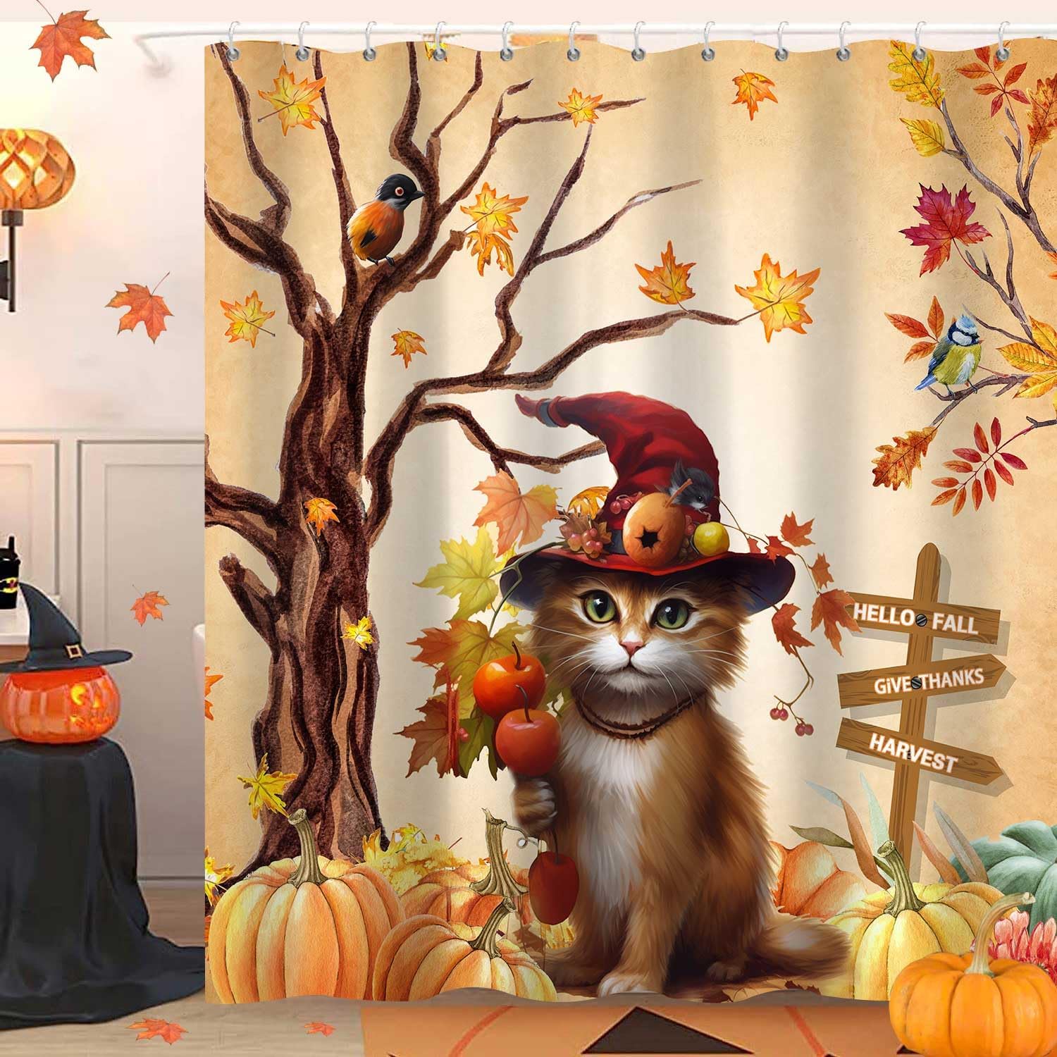 

Halloween Ghost Pumpkin Shower Curtain,Cute Funny Autumn Seasonal Floral Decor Bath Curtains,Fall Maple Leaves Spooky Waterproof W60H190(CM)-1 Pcs