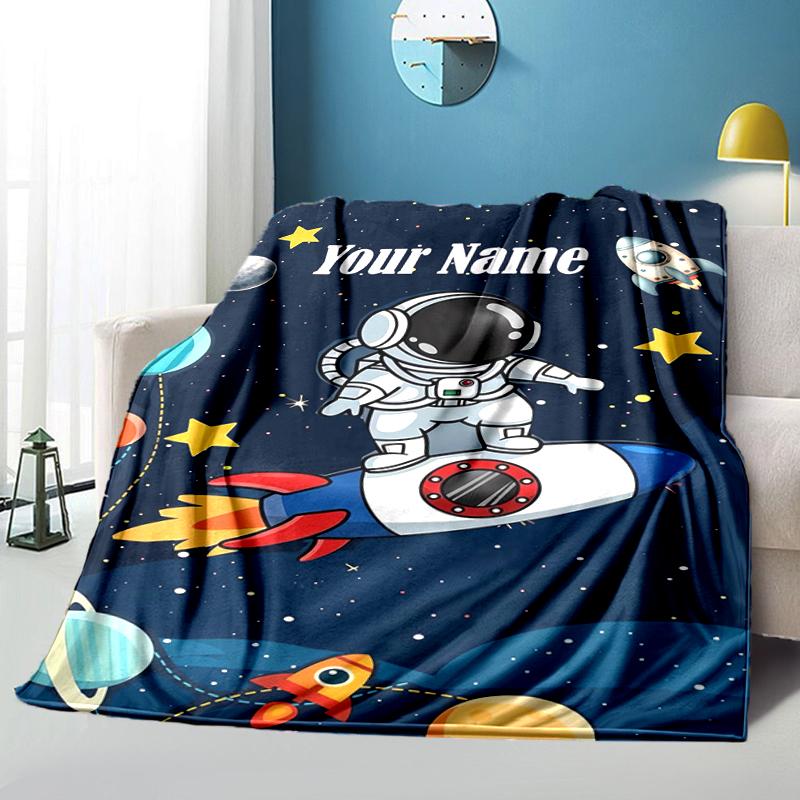 1PC Custom Name Astronaut Rocket Space Blanket Versatile,all-season Throw Suitable for the Living Room,bedroom,camping,travel,and Gift