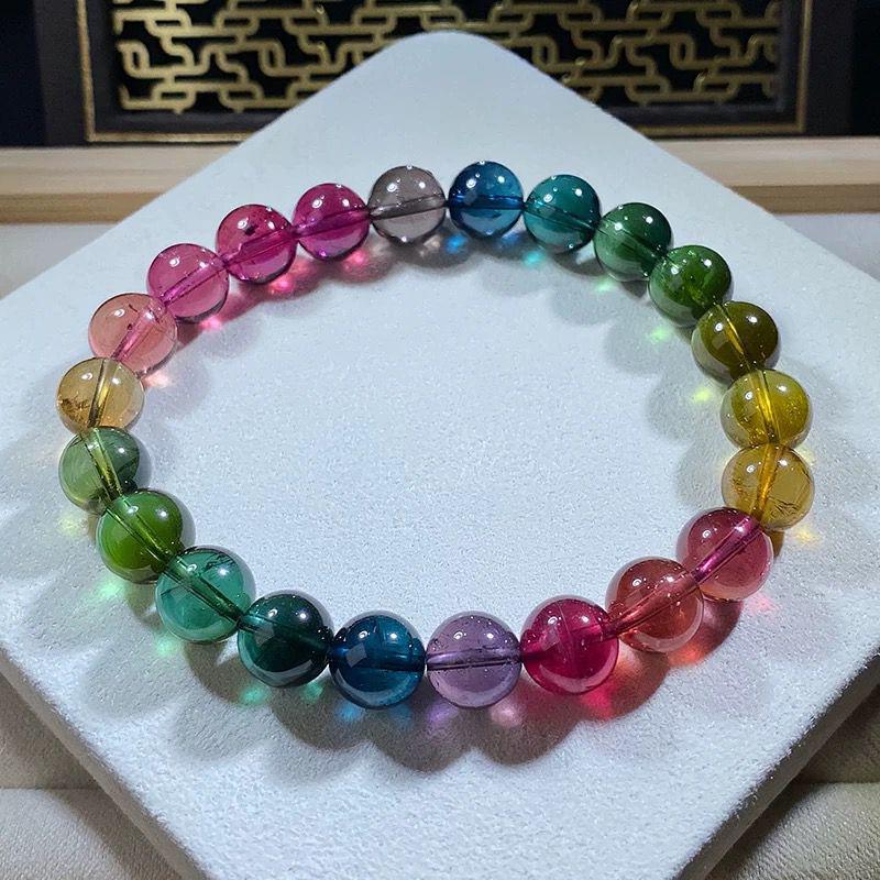 Natural Brazilian Tourmaline Rainbow Bracelet - Single Strand Hand Chain Gift for Couples