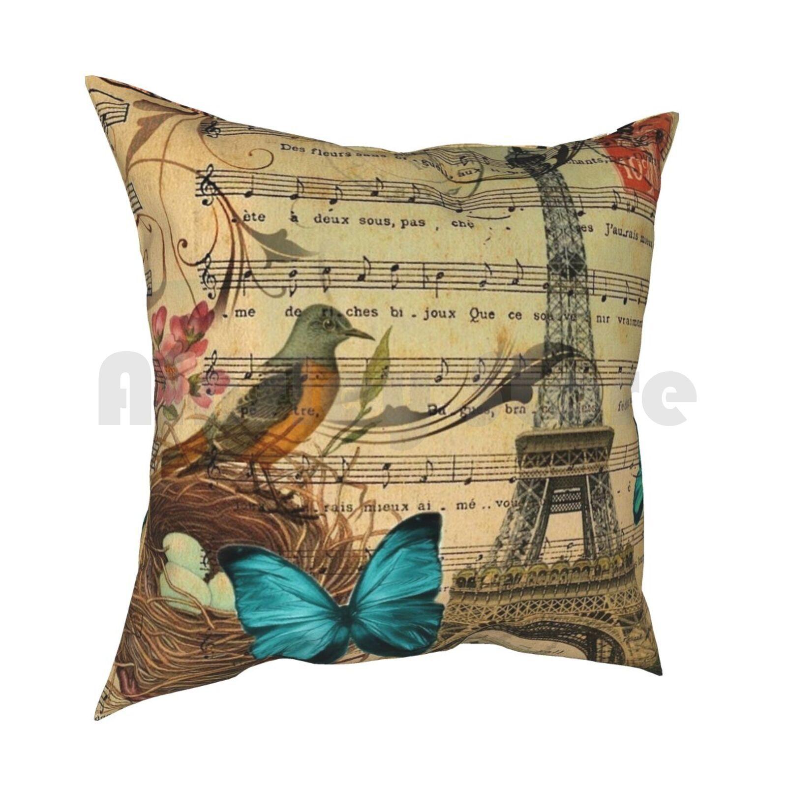 Vintage Bird Nest Paris Eiffel Tower Botanical Art Pillow Case Printed Home Soft Throw Pillow Vintage Paris Eiffel Tower 30x30cm 12x12in