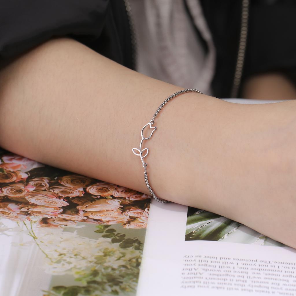Cazador Tulip Flower Bracelet for Women Kpop Stainless Steel Double Layers Beads Chain Bracelets Jewelry Birthday Gift New