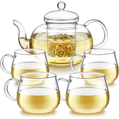 Pyrex Teapot Set, Removable Loose Tea Infuser (standard Size: 32 Oz /946ml) and Four Borosilicate Glass Teacups