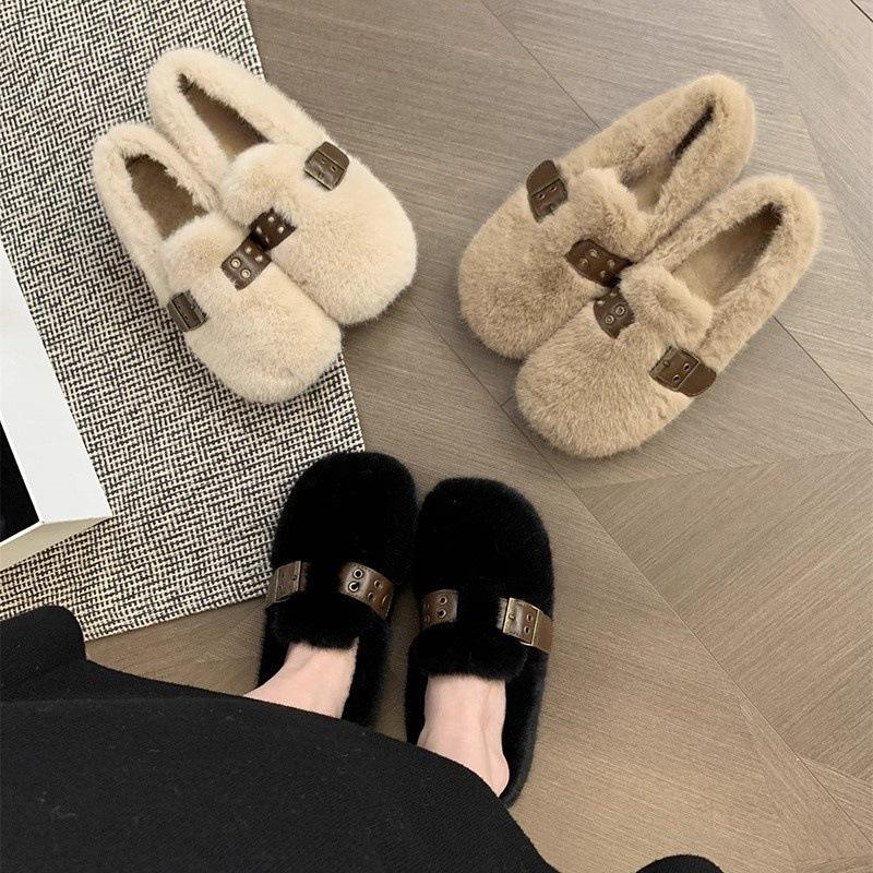 Mink Hairy Shoes Women Wear 2025 New Autumn and Winter Fairy Wind One Pedal Bean Shoes Women's Flat-bottomed Velvet Cotton Shoes