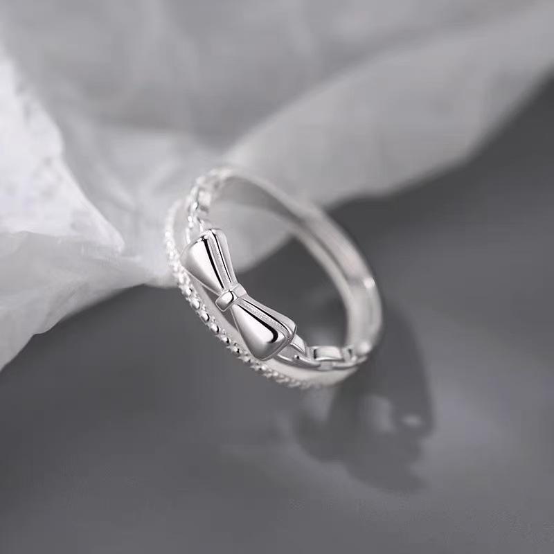 Sweet Cute Double Layered Bowknot Rings for Women Girls Light Luxury Exquisit Silver Color Adjustable Rings Jewelry Accessories