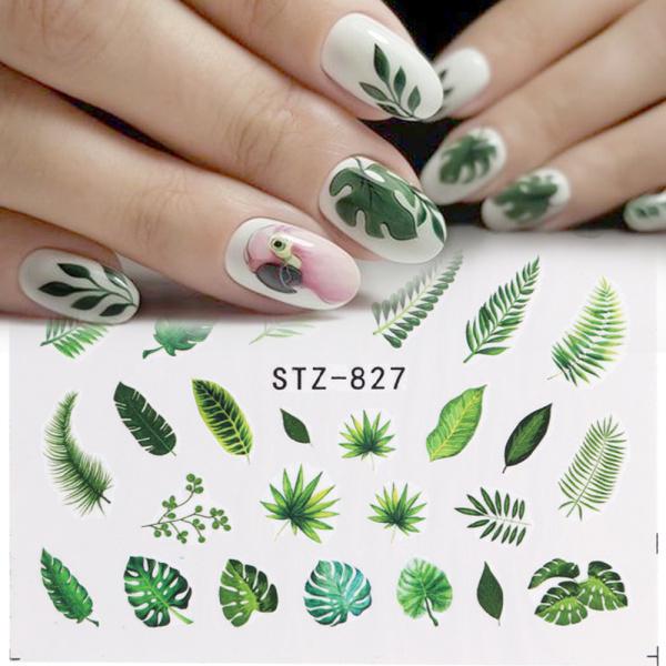 Water Nail Decal and Sticker Flower Leaf Tree Green Simple Summer Slider for Manicure Nail Art Watermark Tips