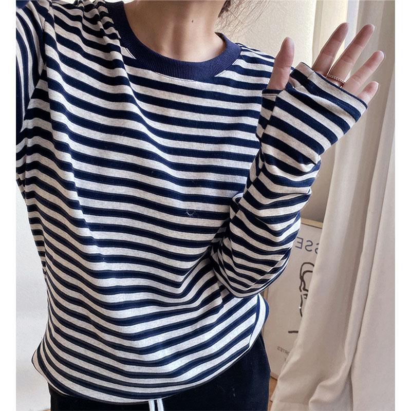 

Женские хлопковые футболки с круглым вырезом и длинными рукавами, весенне-летние женские полосатые футболки, повседневные свободные женские пуловеры, топы XL темно-синий