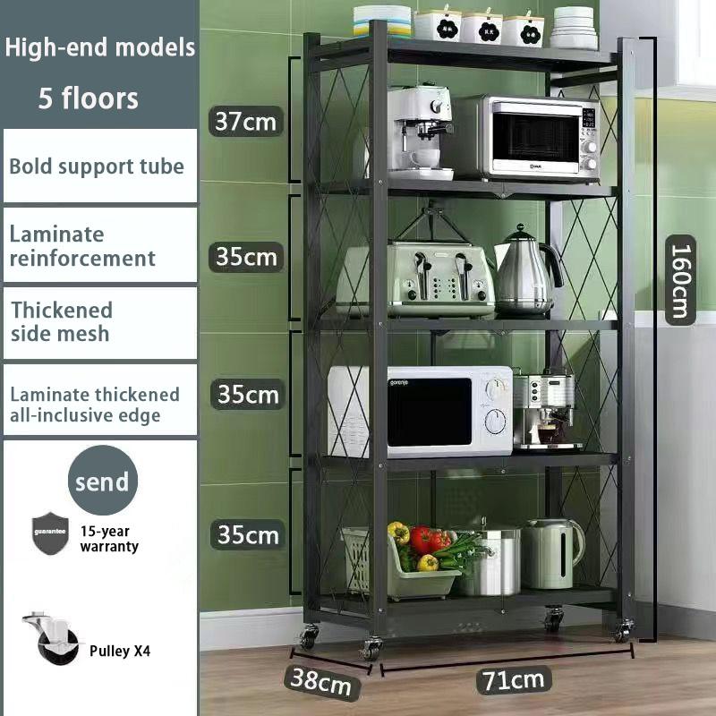 Kitchen Storage Rack Multi-layer Folding Storage Rack Portable Household Movable Wheeled Small Cart Bookshelf Oven Moving Shelve