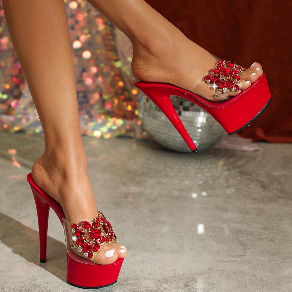 Fashion 13/15CM Thin High Heels Sandals With Rhinestone Women 2025 Summer Platform Party Shoes Platform Transparent PVC Dress Shoes