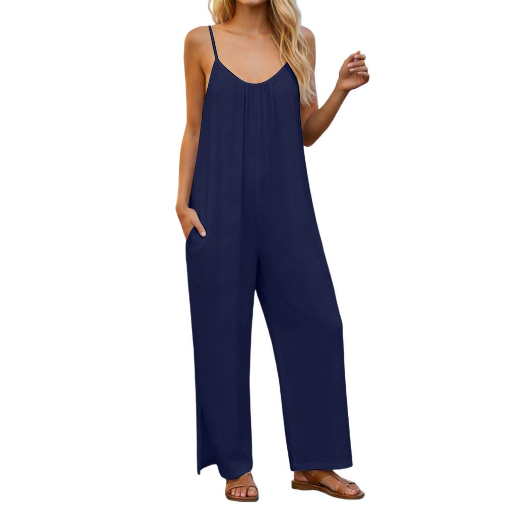 Women's  V-neck Waist Cinched Fashionable Jumpsuit Wide Leg Pants