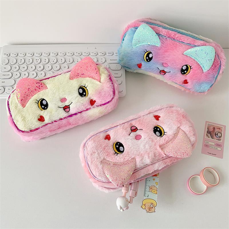 Cute Big Eyes Cat Animals Plush Pencil Cases Large Capacity Cosmetic Bags Portable Travel Storage Bag Student Stationery Gifts
