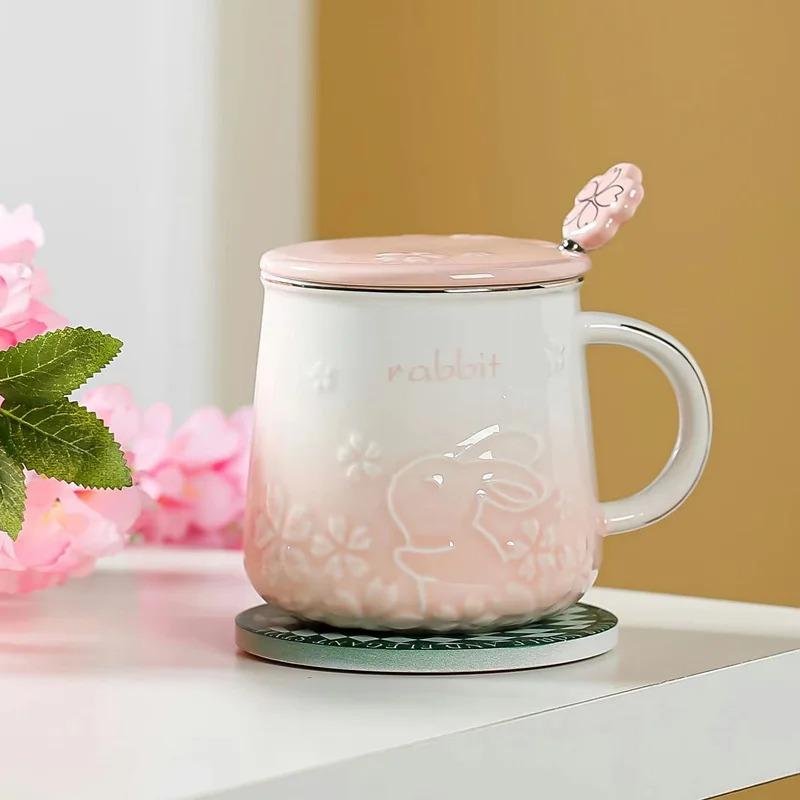Cute Rabbit Pattern Cherry Blossom Mug Home Office Ceramic Coffee Cup Breakfast Milk Cup Mugs Coffee Cups