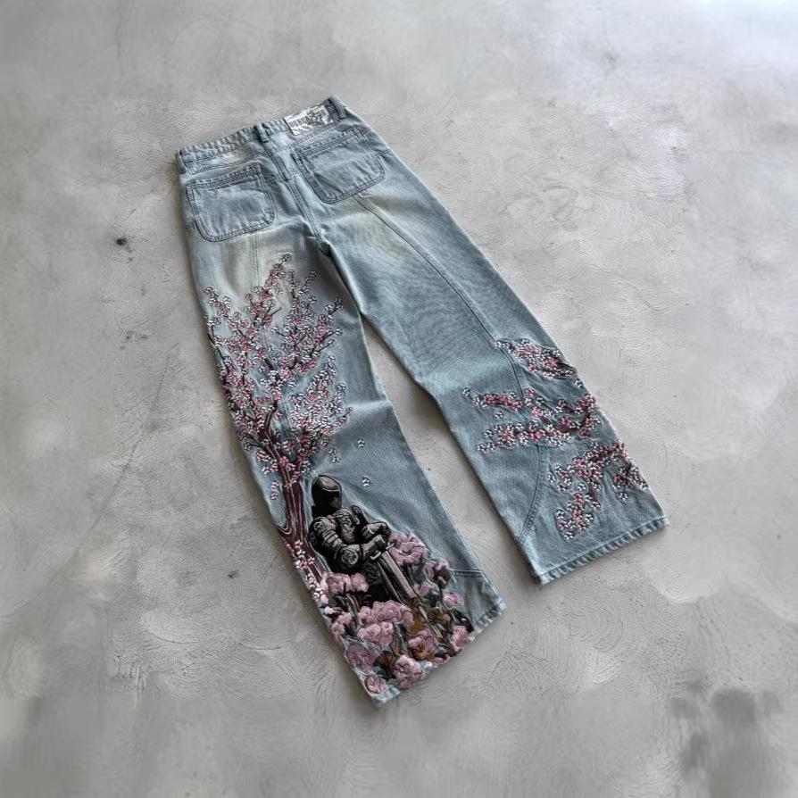 Unisex Mid Waist Flare Wide Leg Pants American Vintage Hip Hop 3D Big Letter Print Non Stretch Polyester Denim Look Trousers