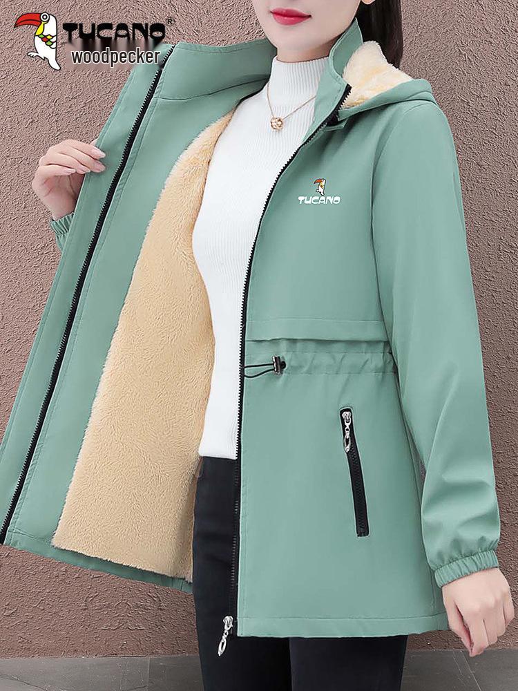 Women's Mid-length Hooded Windproof Fleece-Lined Jacket - Autumn/Winter 2025 Style