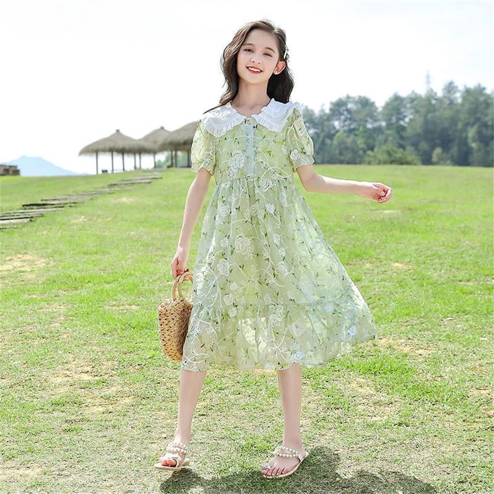 BLZXIAN Chiffon Short Floral Tunic Loose Everyday Junior Size Height Kids' Dress, Sleeve, Long, Knee-Length, High-Waisted, Turn-Down Collar, Print,