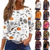 Women's Halloween Print T-Shirt Loose Fit Round Neck Three Quarter Sleeve Casual Shirt with Pumpkin and Bat Design for Seasonal Wear
