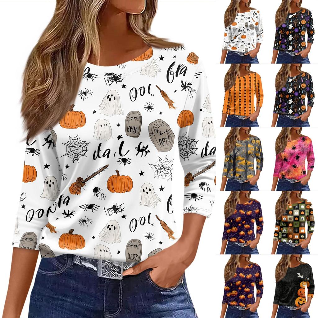 Women's Halloween Print T-Shirt Loose Fit Round Neck Three Quarter Sleeve Casual Shirt with Pumpkin and Bat Design for Seasonal Wear